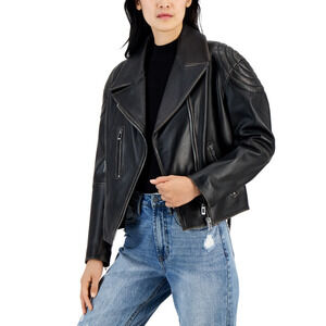 HUGO Women Leather Zip-Sleeve Oversized Biker Jacket Black Size XL